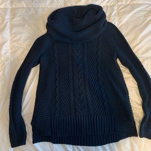 Cabi 3168 navy cable knit sweater with cowl neck